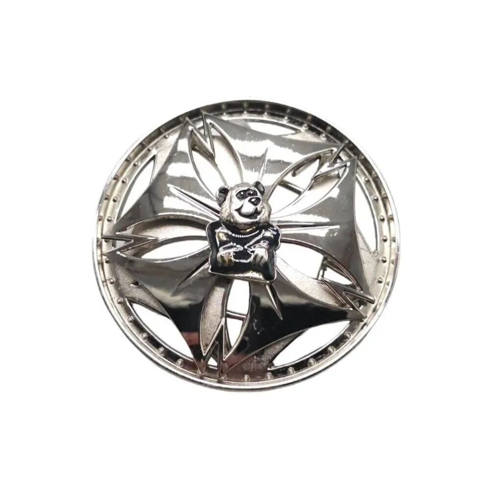 Spinning Panda Bear Black Enamel Belt Buckle Silver Tone Vintage